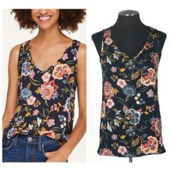 LOFT Navy Floral Sleeveless Blouse - Picture 1 of 7